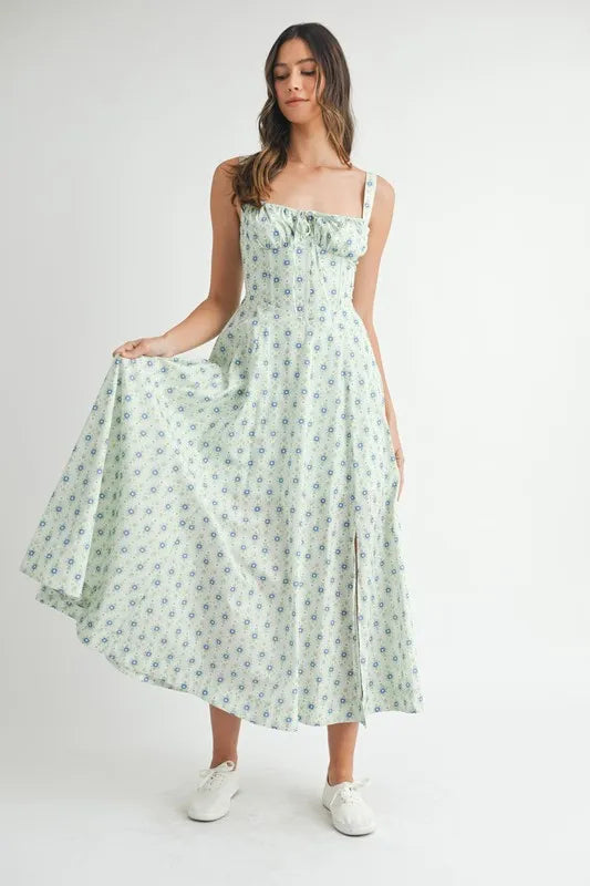 Olwen Floral Print Bustier Back Lace Up Midi Dress — view 5
