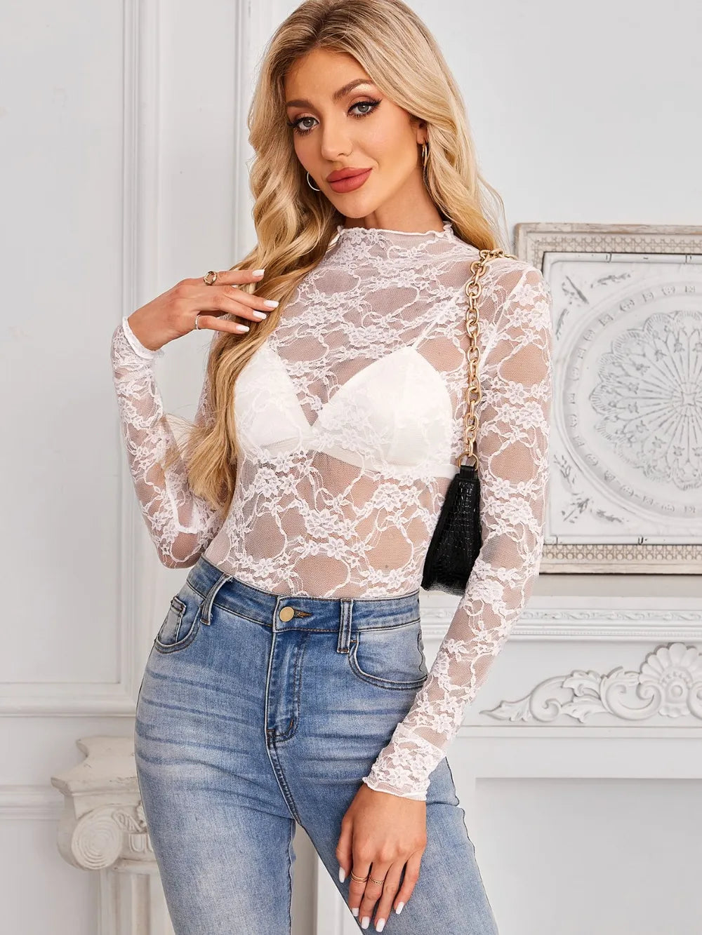 Morrigan Mock Neck Long Sleeve Lace Sheer Top — view 11