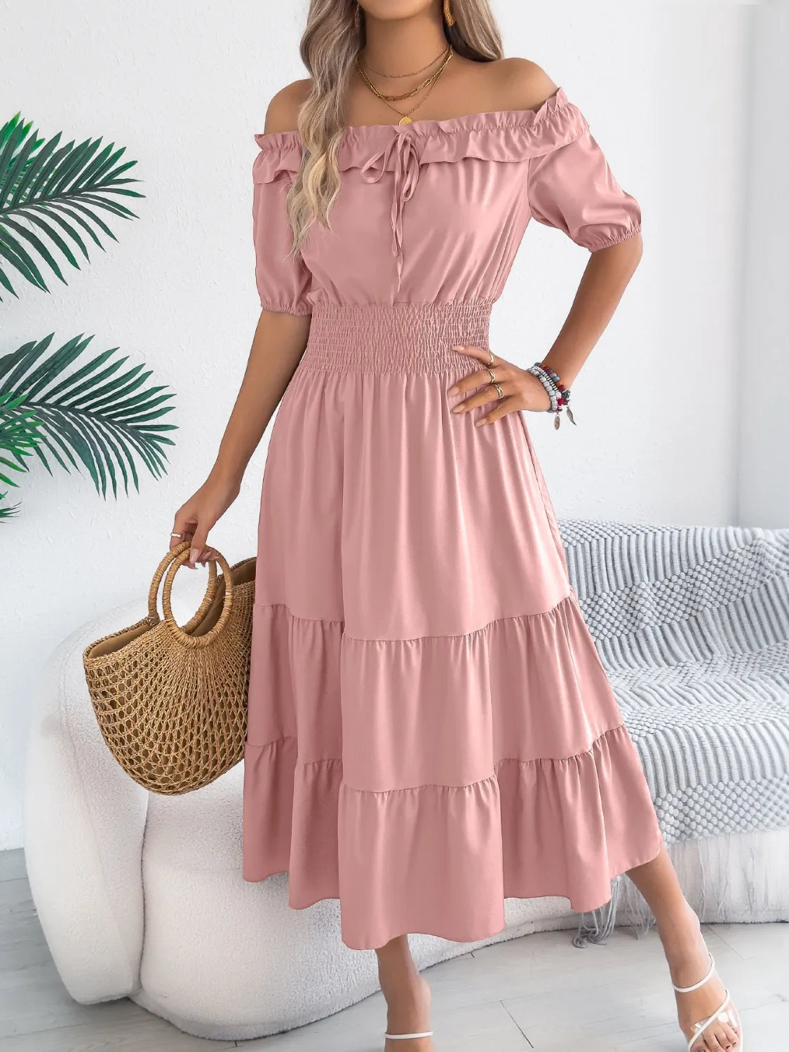 Venus Smocked Off-Shoulder Tiered Dress — view 1