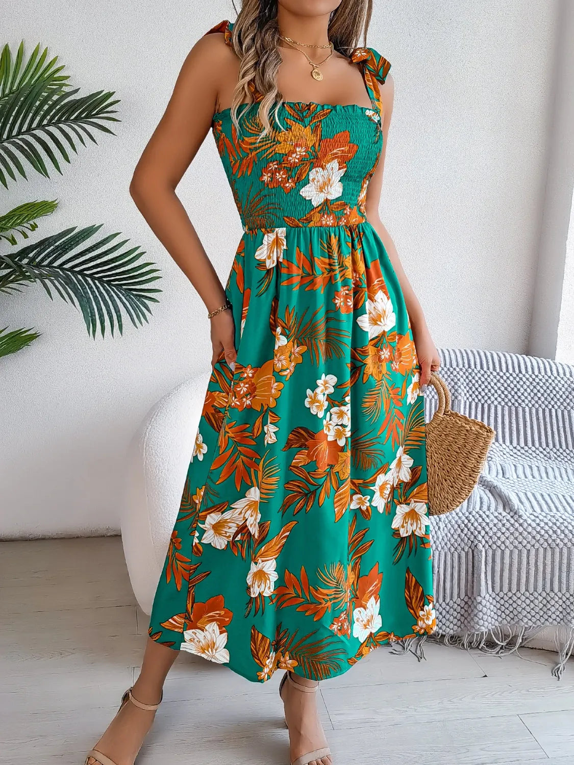 Persephone Smocked Floral Tie Shoulder Midi Dress — view 13