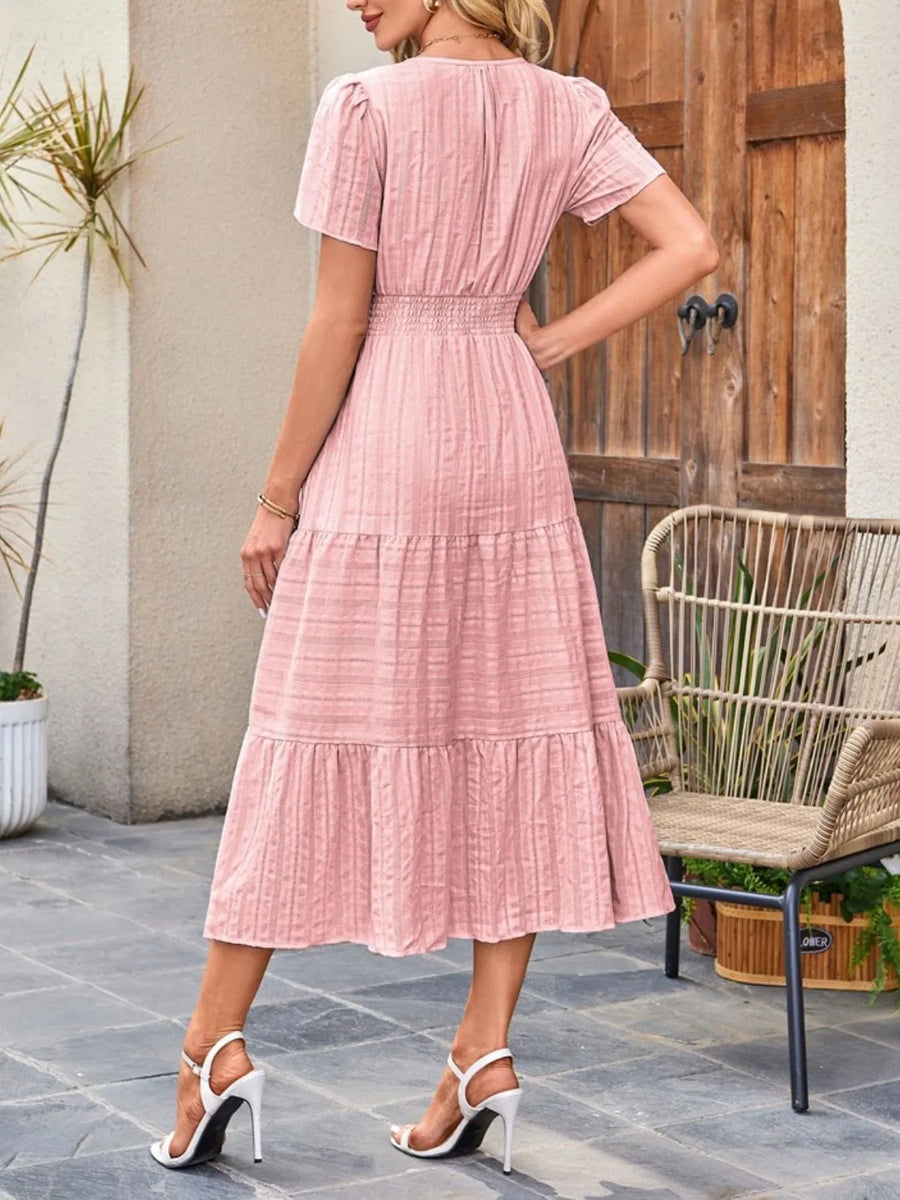 Sekhmet Tiered Notched Short Sleeve Dress styled in the studio