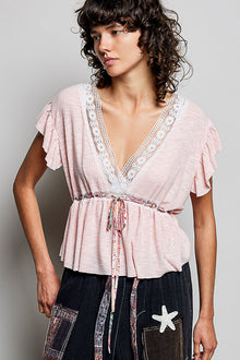 Parvati Tied Ruffled V-Neck Short Sleeve Blouse with Lace Detail — thumbnail 2