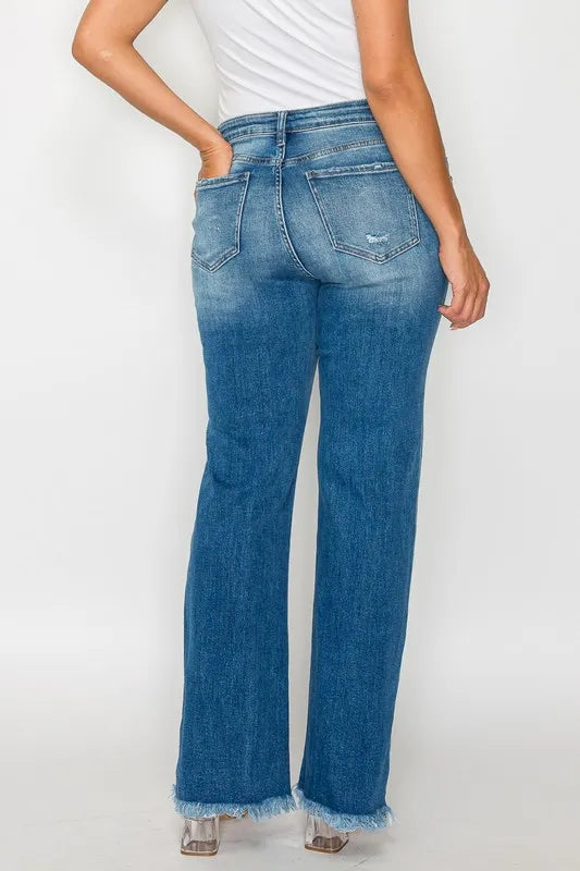 Artemis Raw Hem Distressed Mid Rise Straight Jeans — view 9