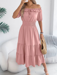 Venus Smocked Off-Shoulder Tiered Dress — thumbnail 4