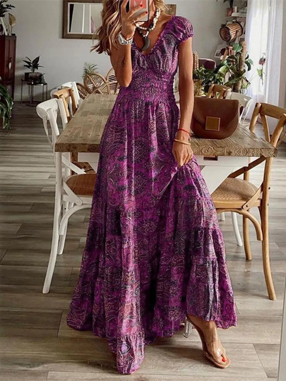 Pele Smocked Printed V-Neck Short Sleeve Dress — view 6