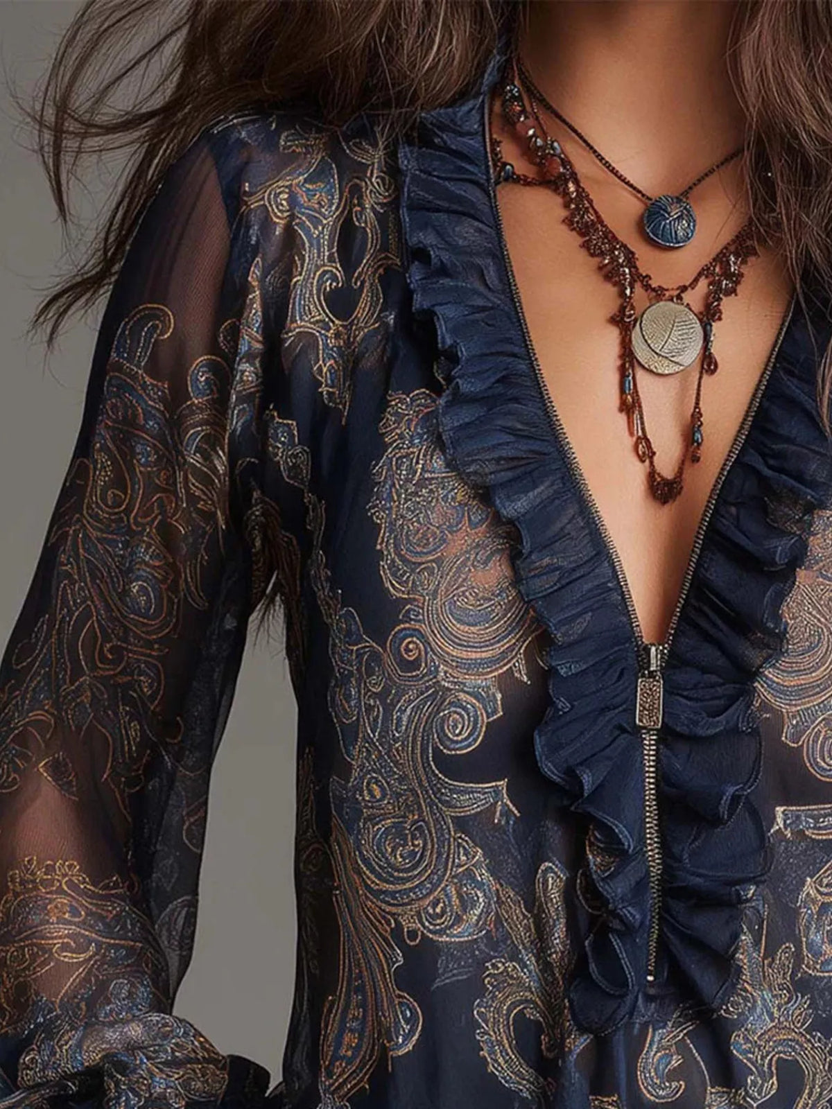 Rhiannon Paisley Print Ruffle Trim Zip-Front Blouse — view 2
