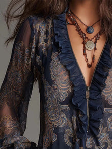 Rhiannon Paisley Print Ruffle Trim Zip-Front Blouse — thumbnail 2