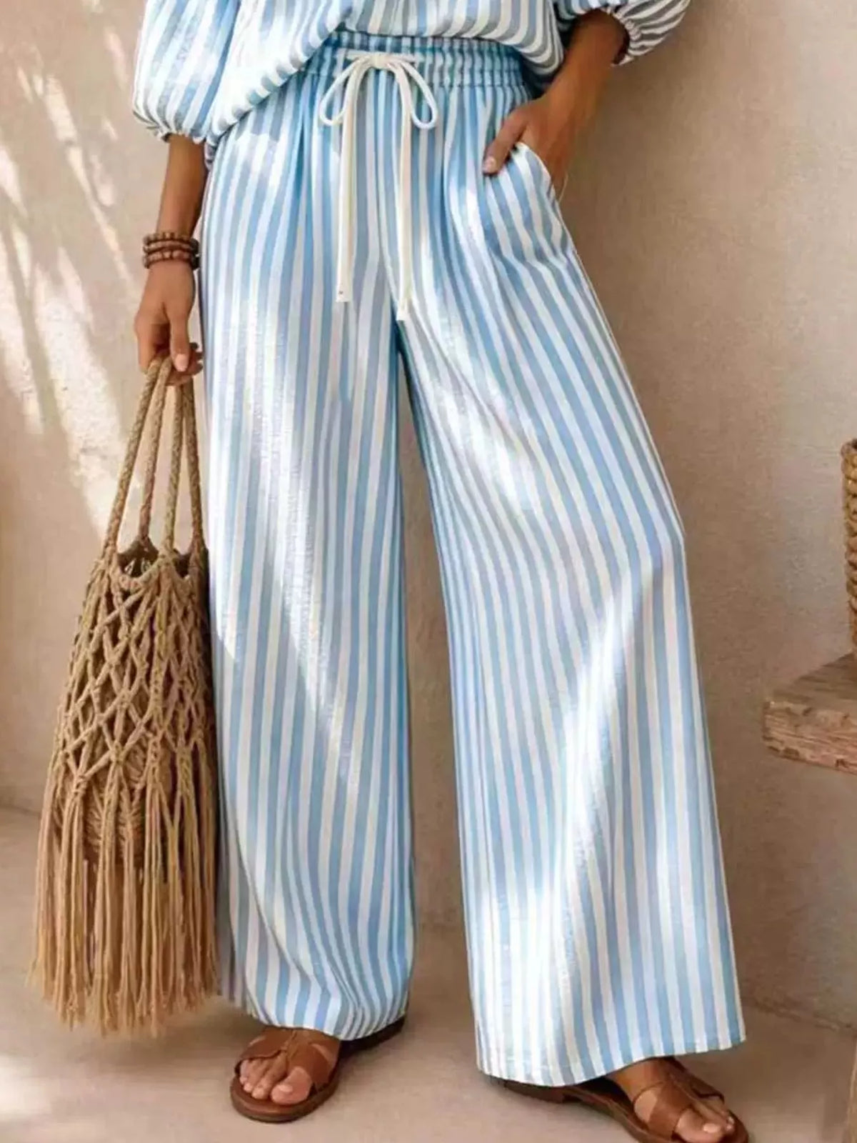 Gaia Striped Puff Sleeve Shirt and Wide-Leg Drawstring Pants Set — view 12