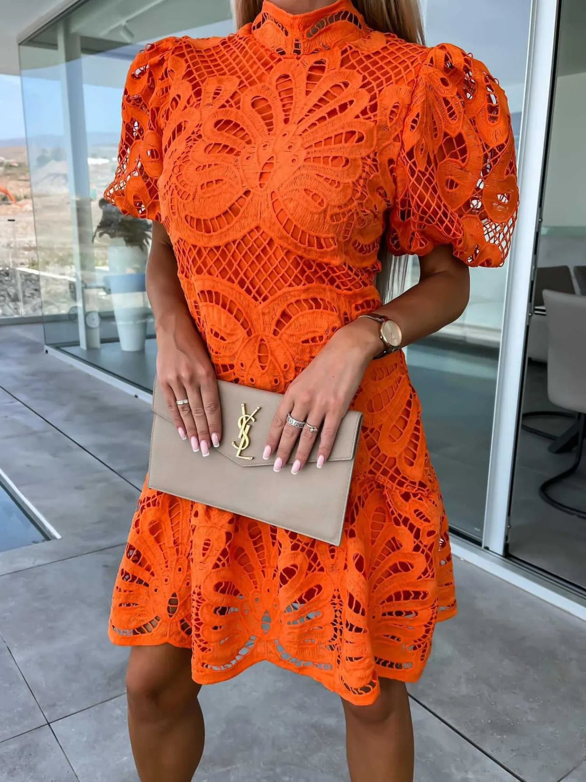 Selene Lace Mock Neck Puff Sleeve Dress — view 10