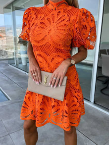 Selene Lace Mock Neck Puff Sleeve Dress — thumbnail 10