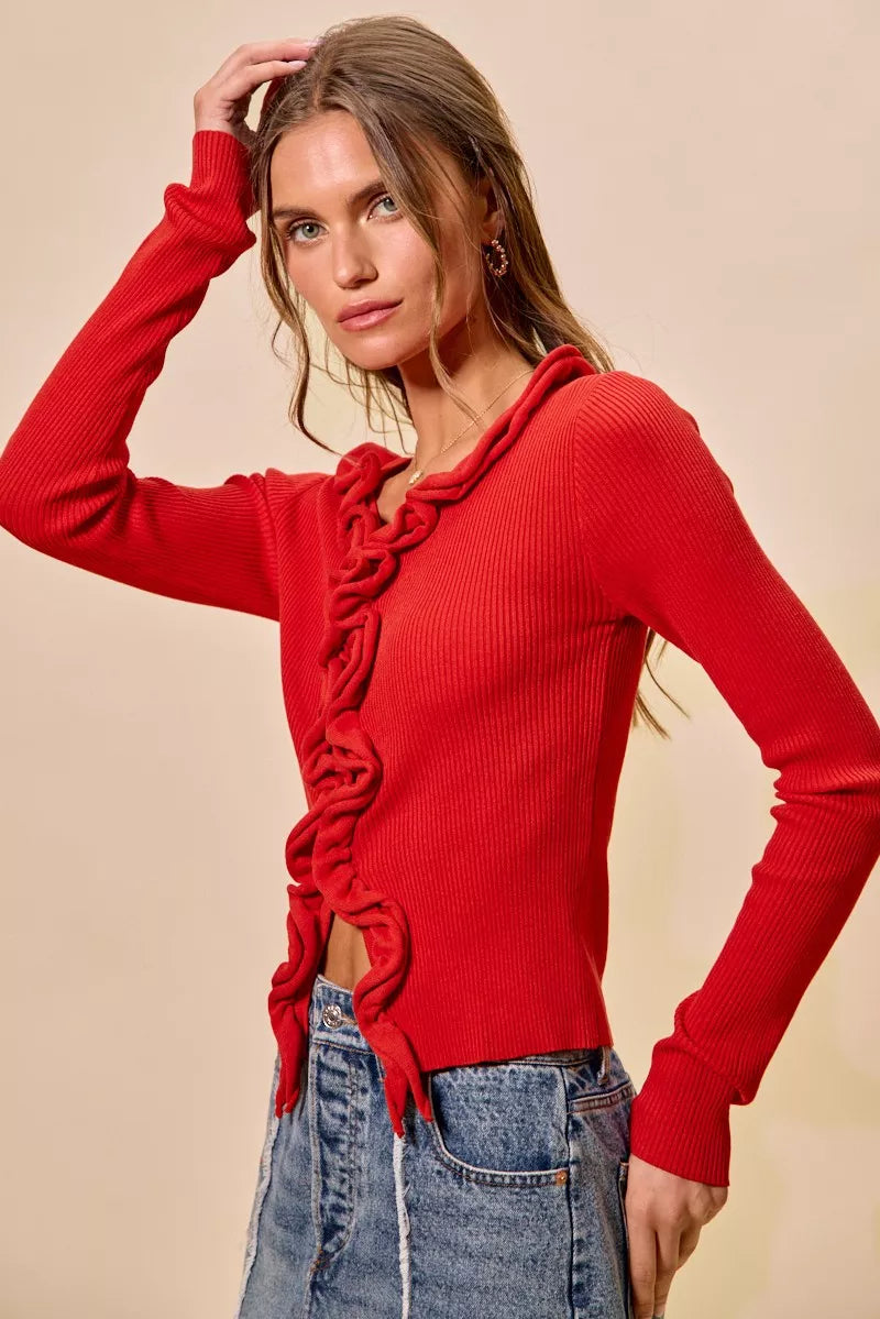 Pele Cascade Ruffle Ribbed Sweater Cardgian — view 14