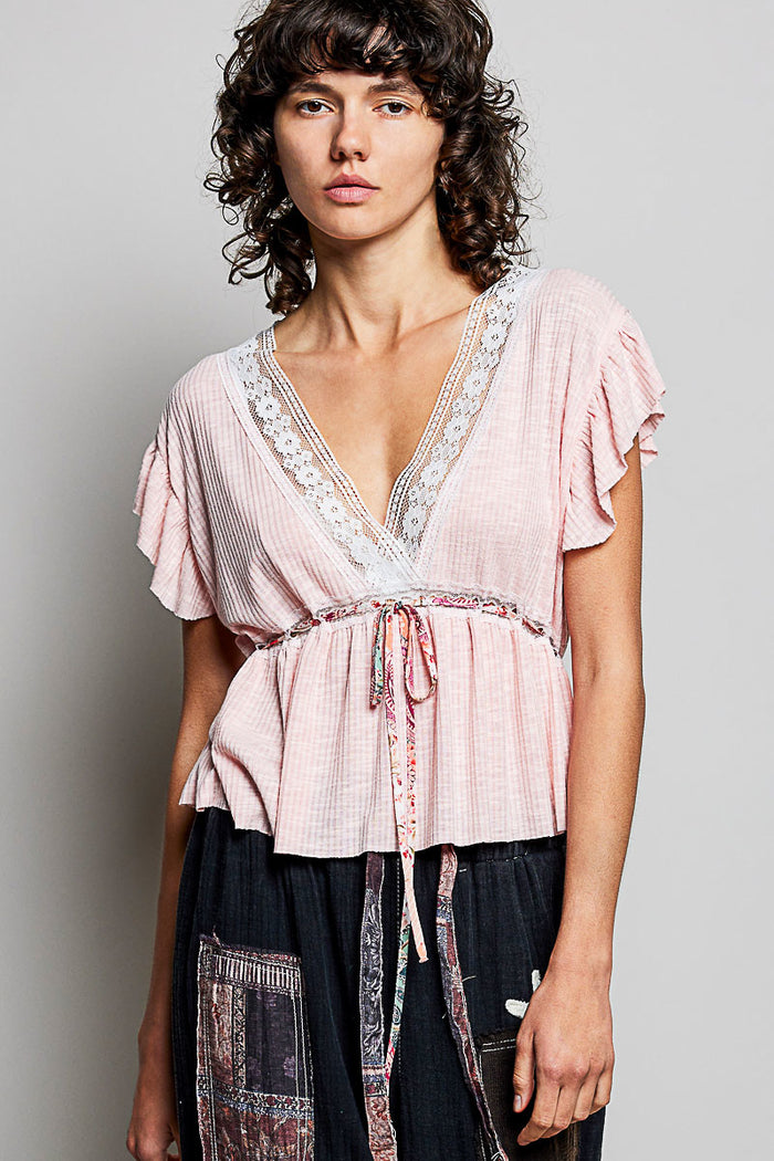 Parvati Tied Ruffled V-Neck Short Sleeve Blouse with Lace Detail