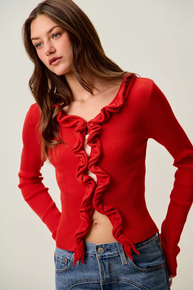 Pele Cascade Ruffle Ribbed Sweater Cardgian — view 22