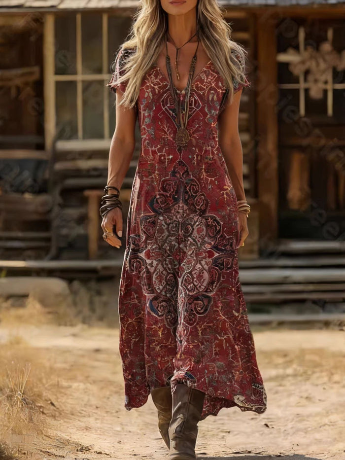 Sekhmet Printed V-Neck Short Sleeve Midi Dress
