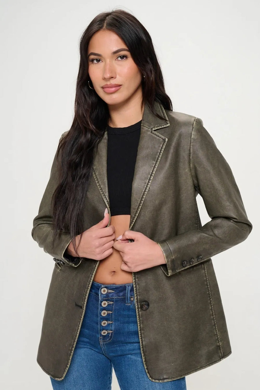 Athena Single-Breasted Vegan Leather Blazer styled in the studio