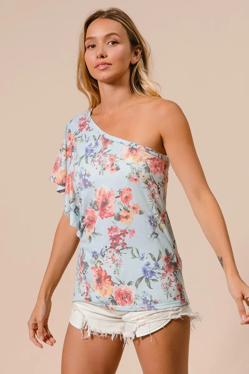 Olwen Floral Printed Jersey Knit Ruffle Sleeve Top — view 9