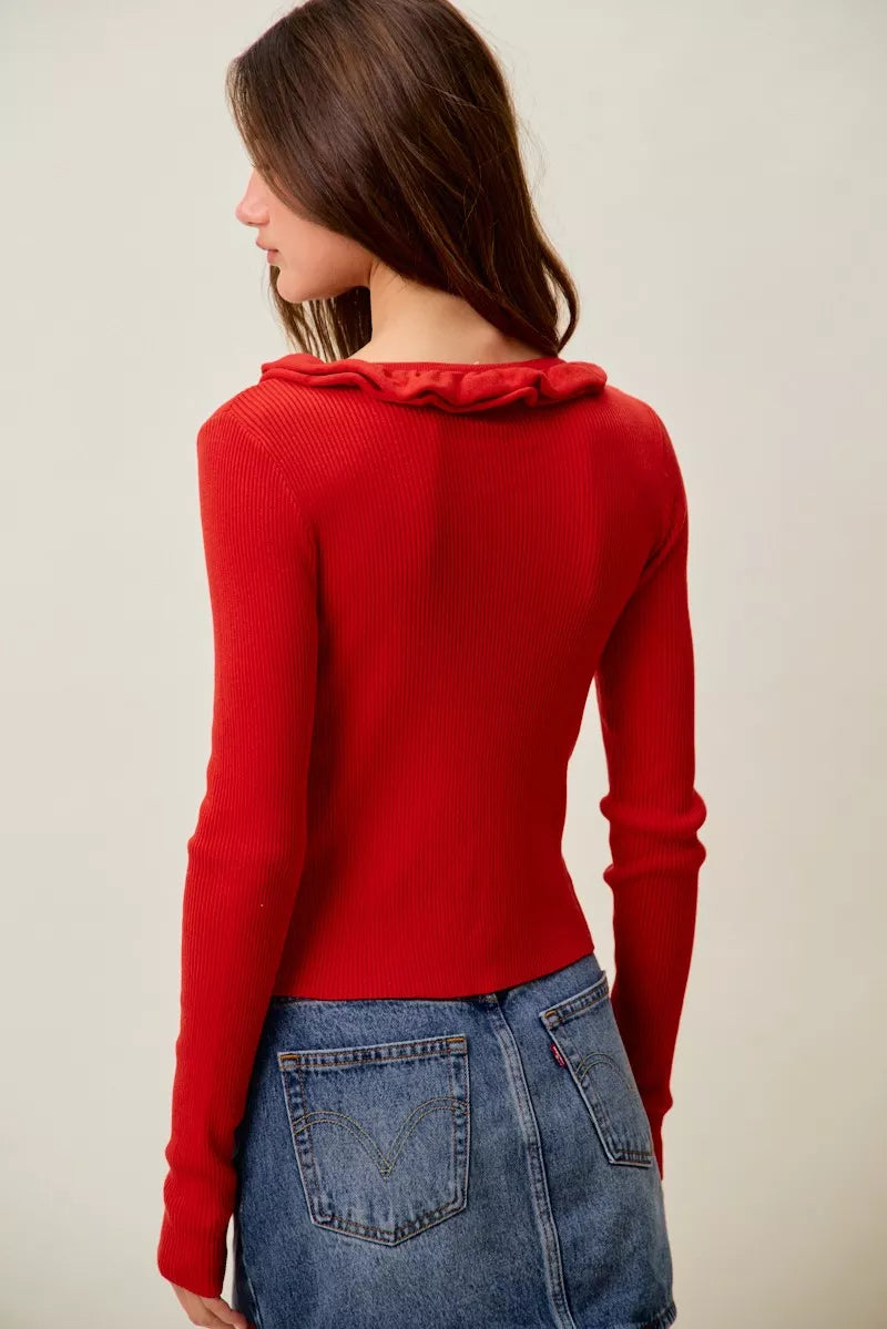 Pele Cascade Ruffle Ribbed Sweater Cardgian — view 30