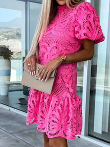 Selene Lace Mock Neck Puff Sleeve Dress — thumbnail 6