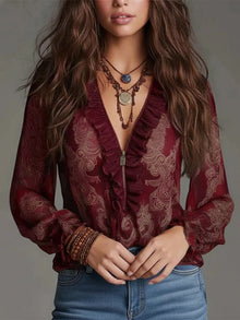 Rhiannon Paisley Print Ruffle Trim Zip-Front Blouse — thumbnail 6