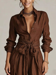 Hera Long-Sleeve Button-Down Waist-Tie Jumpsuit — thumbnail 4