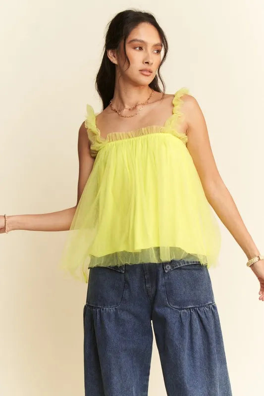 Aphrodite Shirred Ruffle Strap Tulle Babydoll Top