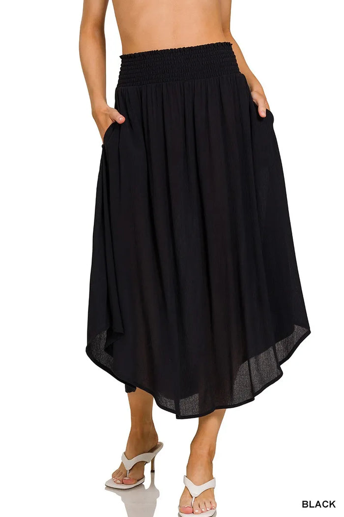 Pele Woven Crinkle Smocked Waist Maxi Skirt W Pockets