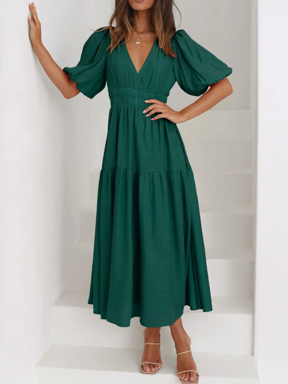 Persephone V-Neck Puff Sleeve Midi Dress — view 22