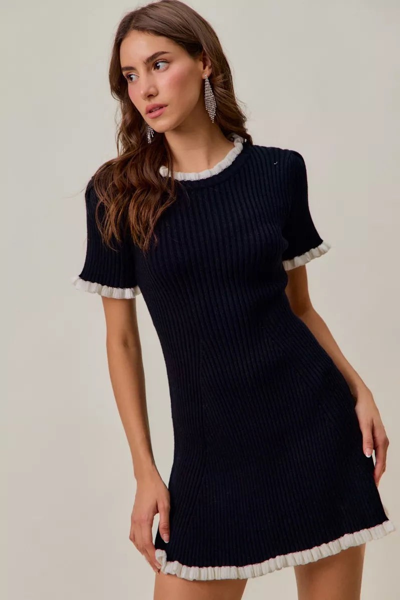 Vesta Contrast Ruffled Sweater Knit Mini Dress — view 1