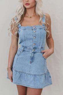 Aurora Ruffled Hem Button Front Square Neck Denim Dress — thumbnail 1