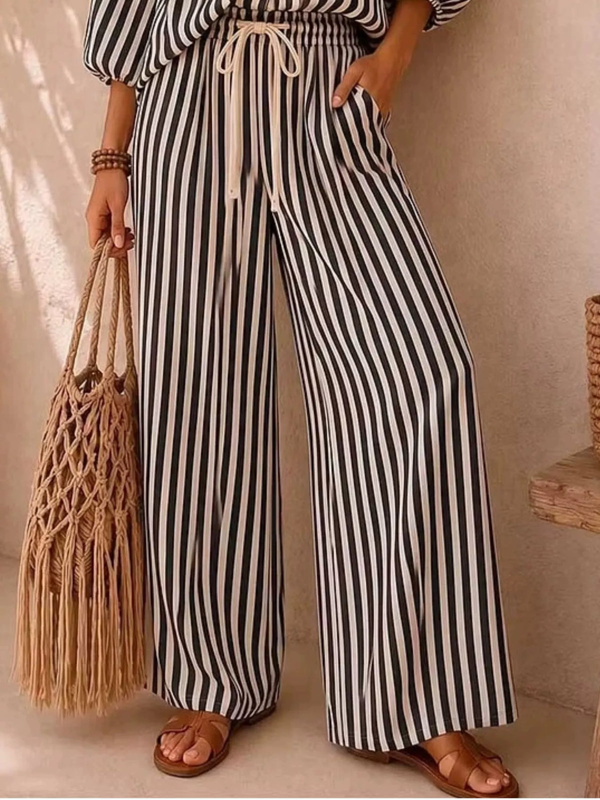 Gaia Striped Puff Sleeve Shirt and Wide-Leg Drawstring Pants Set — view 6