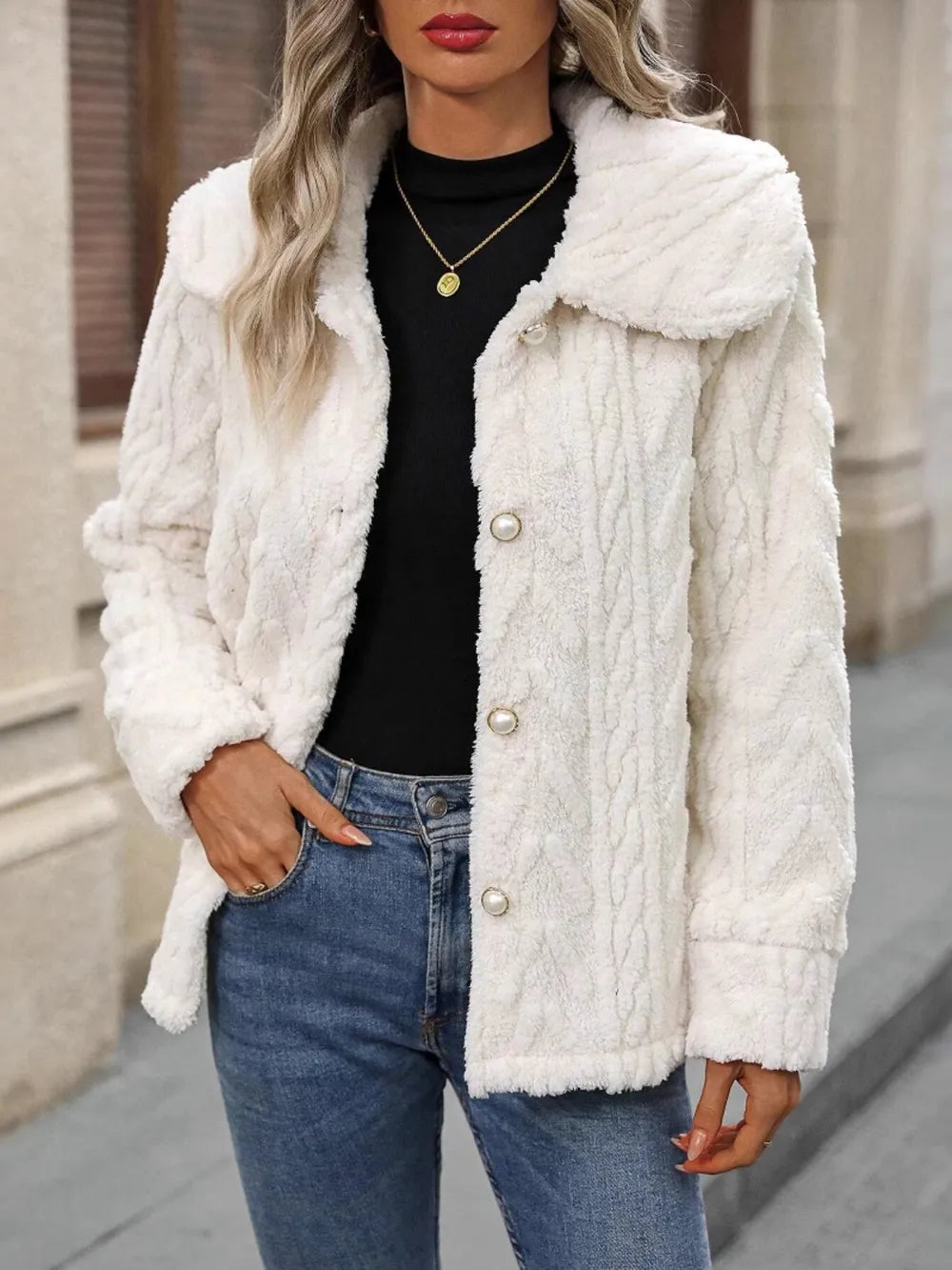 Eir Fuzzy Texture Button Up Collared Neck Coat — view 1