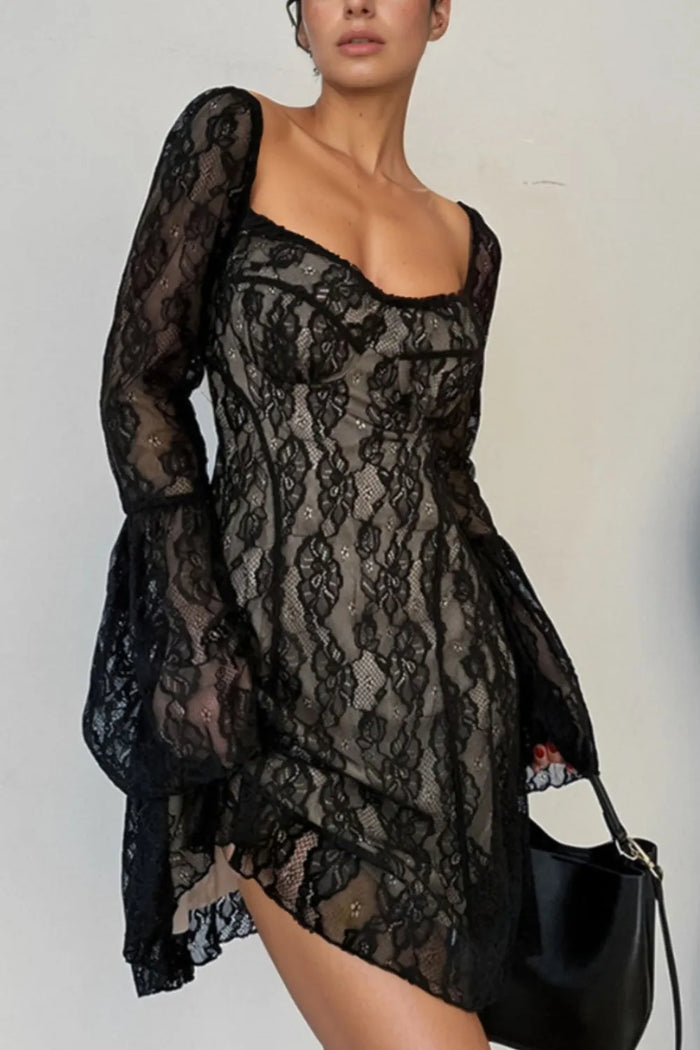 Hecate Lace Sweetheart Neck Flare Sleeve Mini Dress