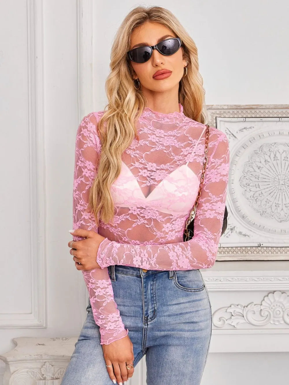 Morrigan Mock Neck Long Sleeve Lace Sheer Top — view 14