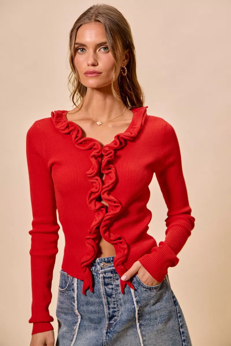 Pele Cascade Ruffle Ribbed Sweater Cardgian — view 12