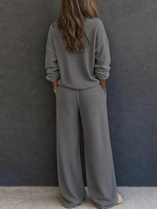 Selene Waffle Knit Henley Top and Wide Leg Pants Set — thumbnail 12