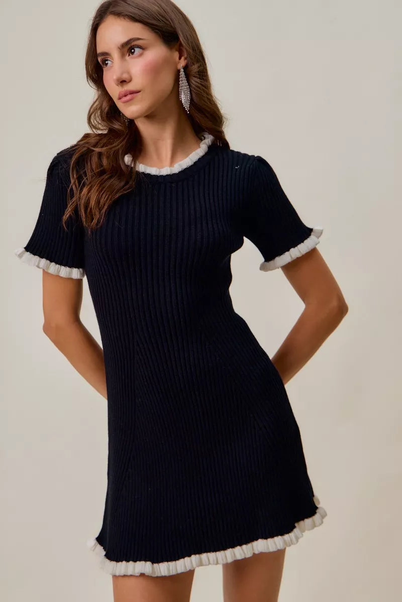 Vesta Contrast Ruffled Sweater Knit Mini Dress — view 2