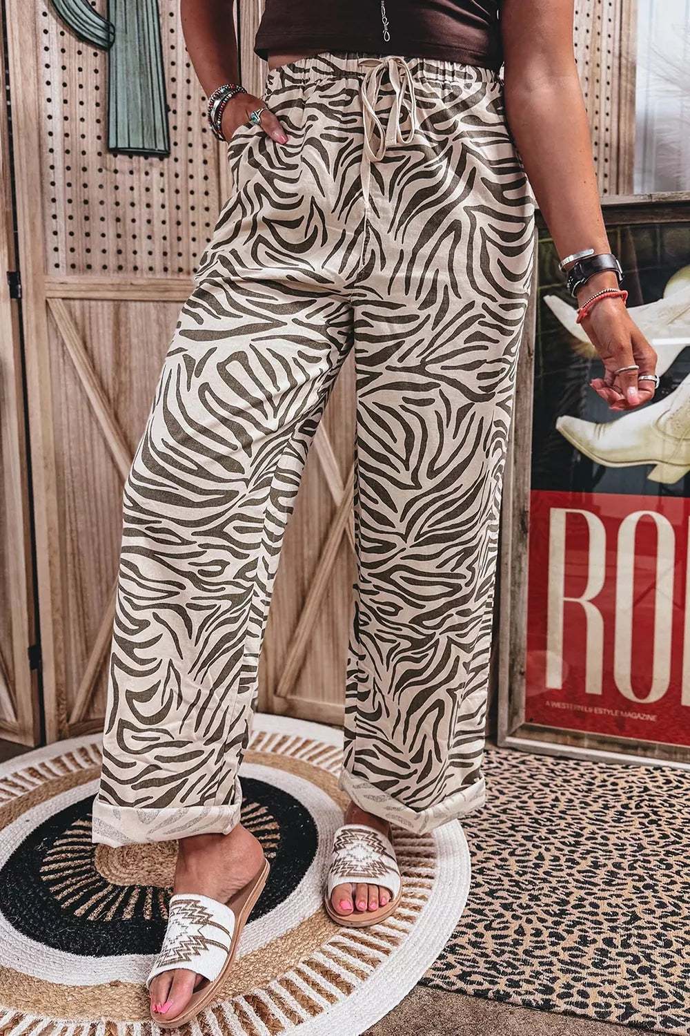 Iris Multicolour Western Print Zebra Pattern Elastic Waist Pocket Pants — view 6