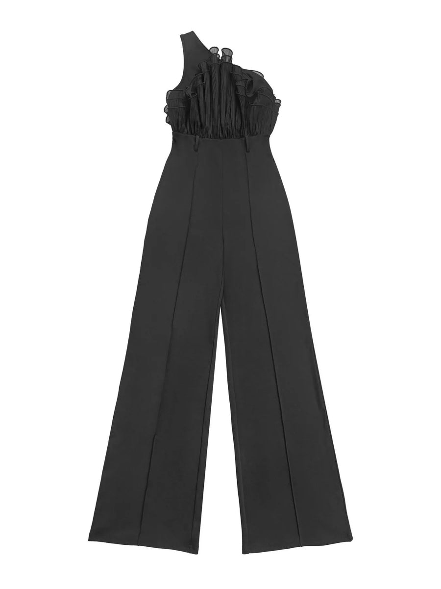 Hera One-Shoulder Ruffled Wide-Leg Jumpsuit styled in the studio