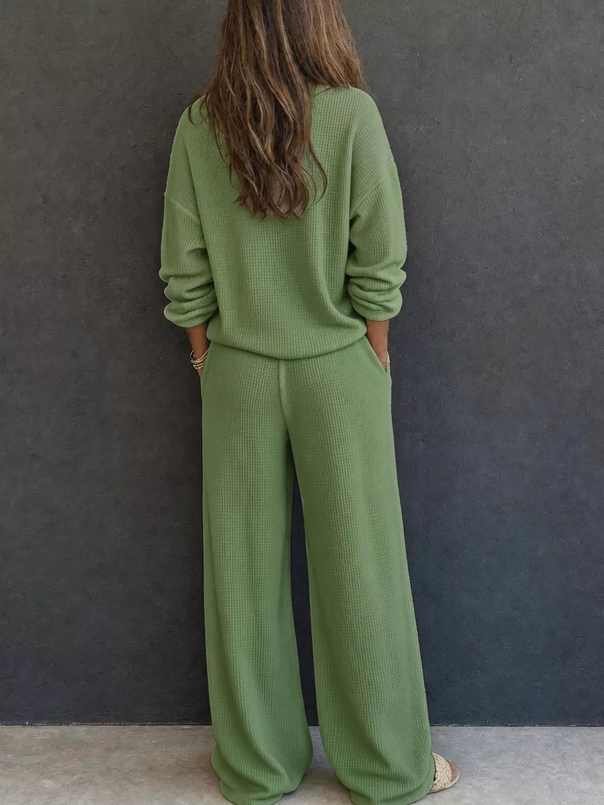 Selene Waffle Knit Henley Top and Wide Leg Pants Set — view 15