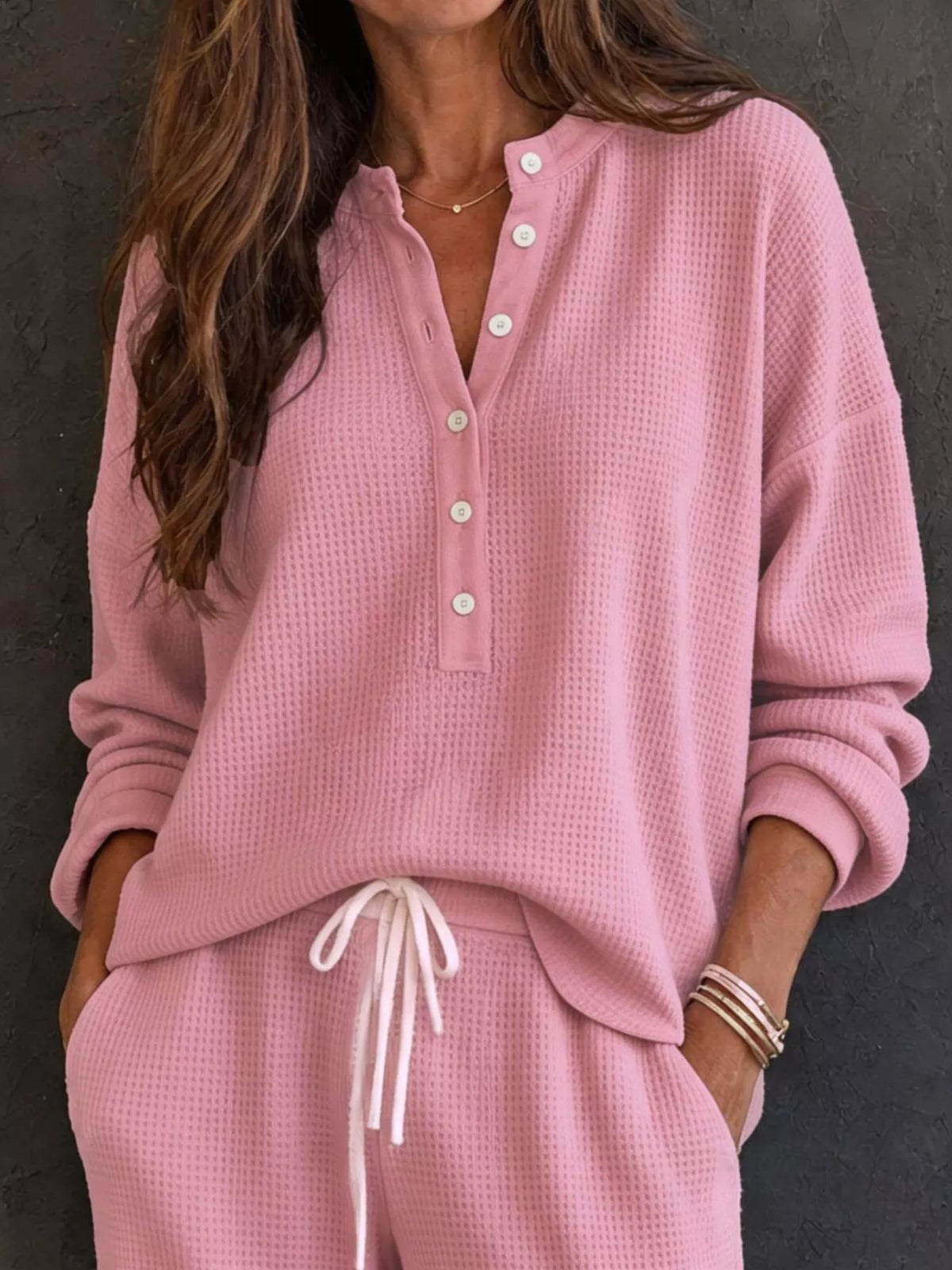 Selene Waffle Knit Henley Top and Wide Leg Pants Set — view 5