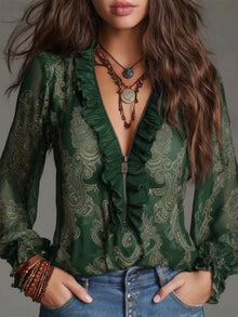 Rhiannon Paisley Print Ruffle Trim Zip-Front Blouse — thumbnail 12