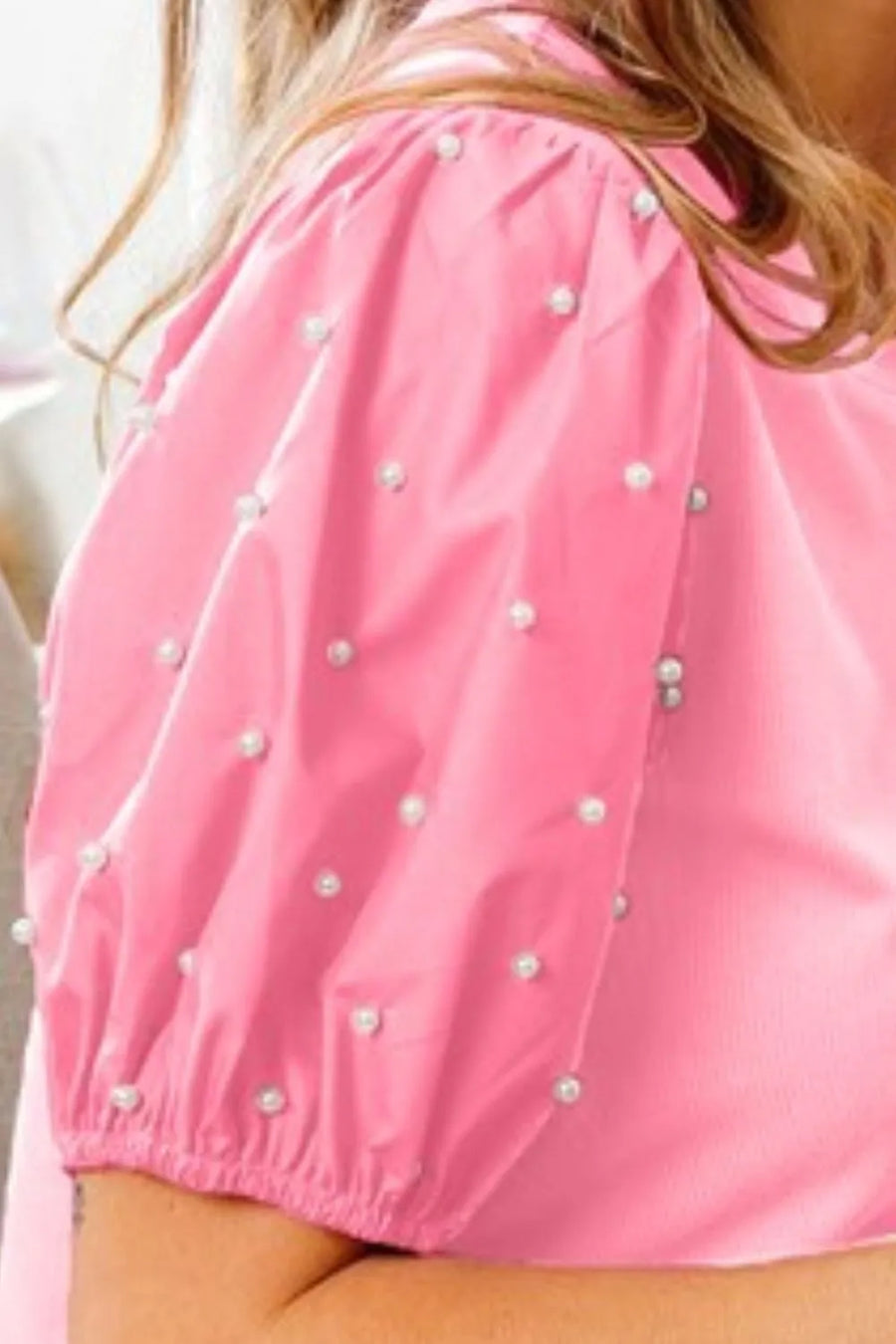Selene Pearl Beaded Short Puff Sleeve Top styled in the studio