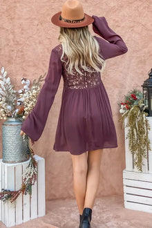 Aphrodite Back Lace Button Down Detail Bell Sleeve Dress — thumbnail 7