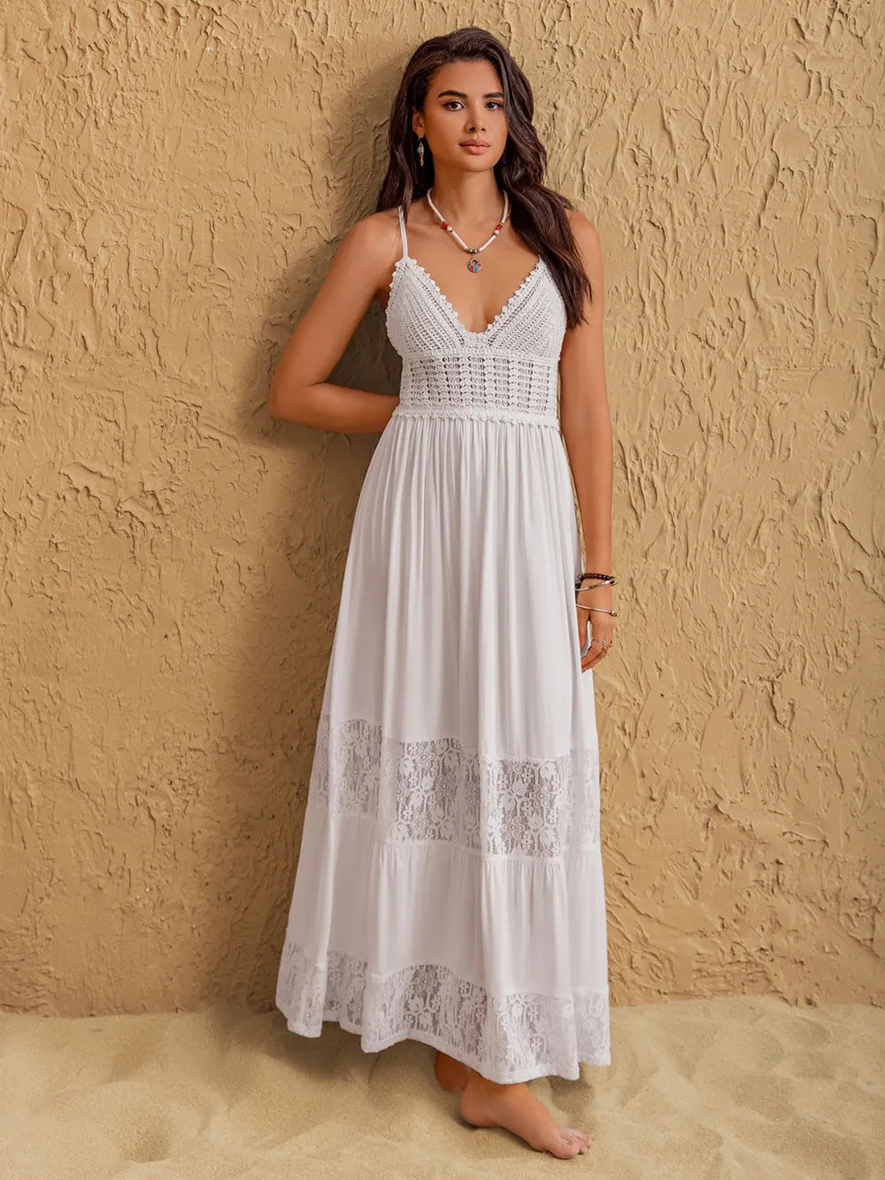 Brigid Lace Detail Crochet Tiered Maxi Cami Dress — view 3