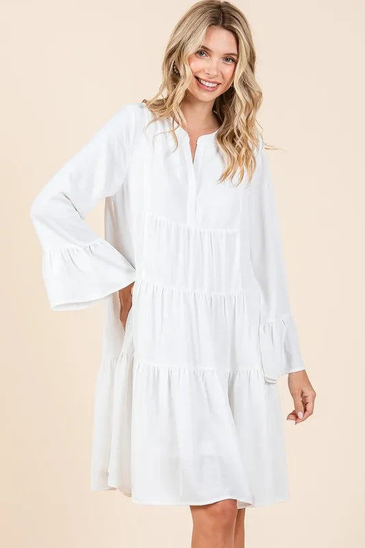 Eir Tiered Notched Flare Sleeve Dress