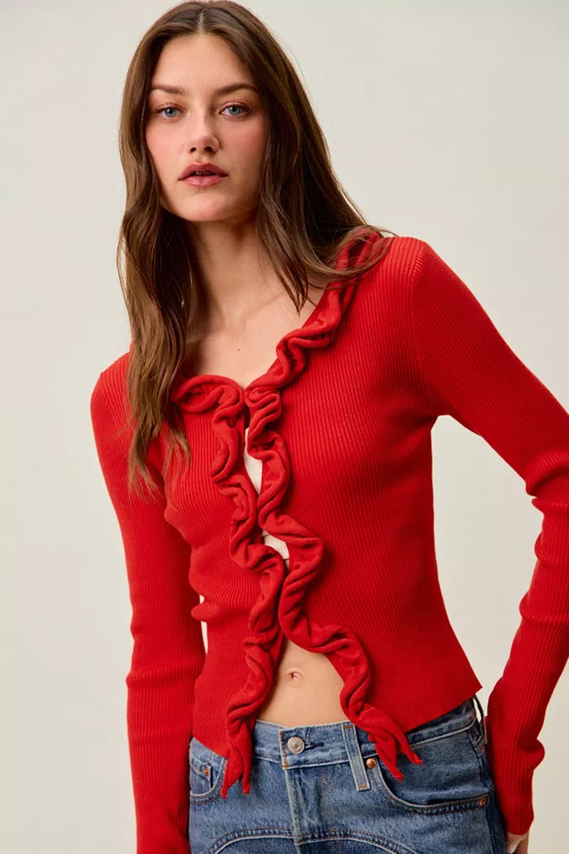 Pele Cascade Ruffle Ribbed Sweater Cardgian — view 21