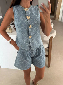 Oshun Embossed Vest and Shorts Denim Set with Gold-Tone Buttons — thumbnail 5