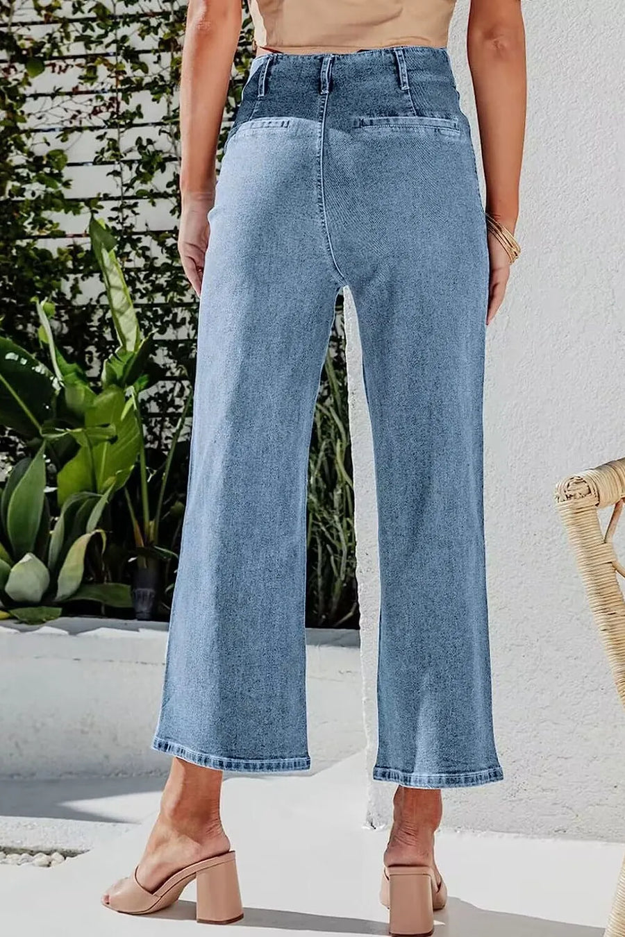 Lakshmi Button Fly Cropped Wide Leg Jeans styled in the studio