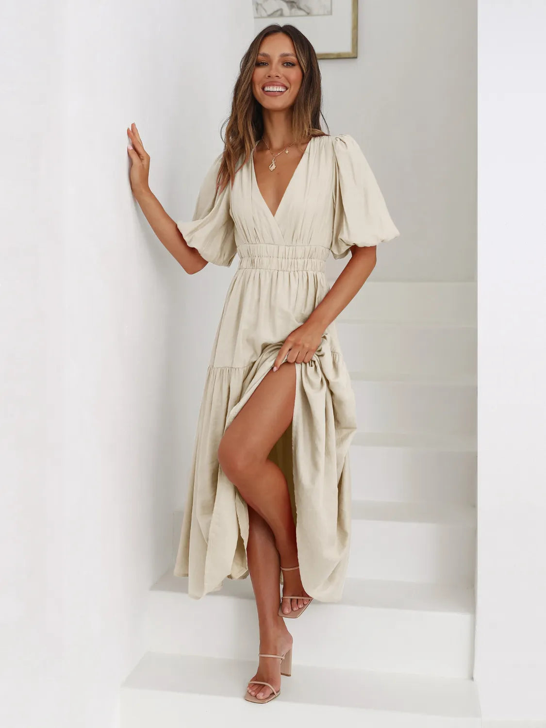 Persephone Tiered Surplice Half Sleeve Midi Dress — view 2