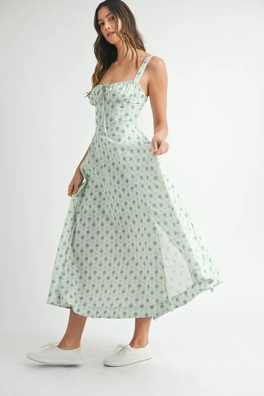 Olwen Floral Print Bustier Back Lace Up Midi Dress styled in the studio